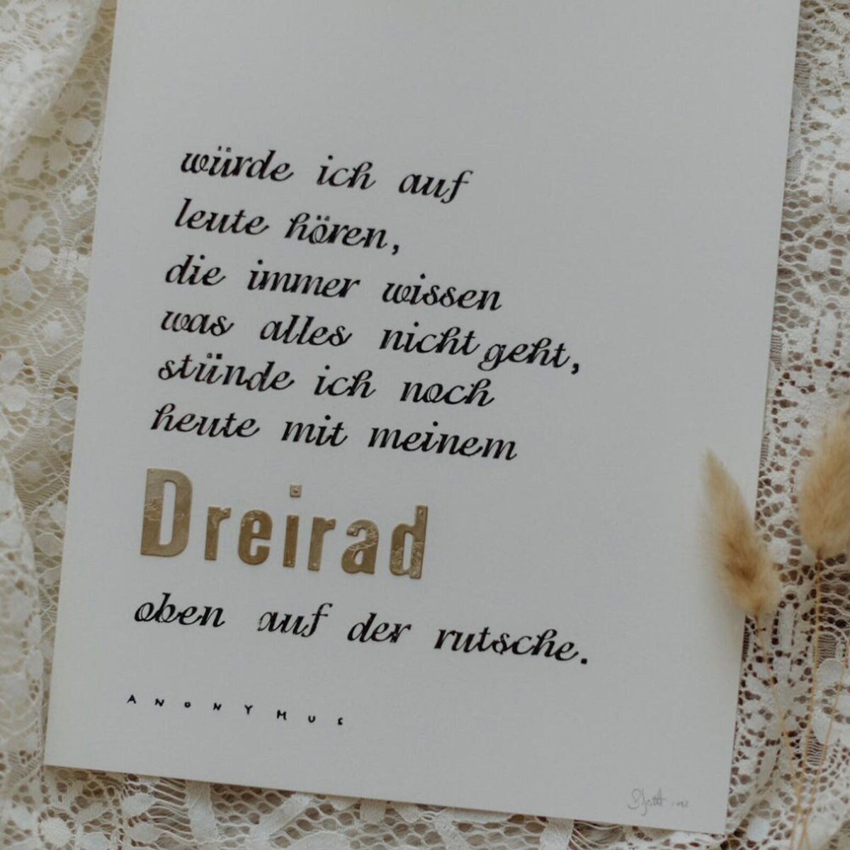 Gestempelter Kunstdruck "Dreirad" mit Goldprägung