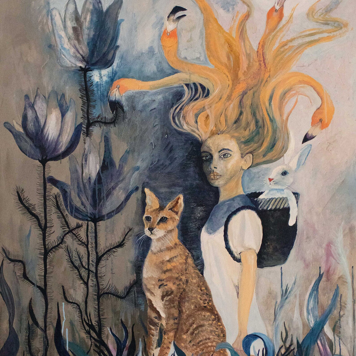Kunstdruck Ölbild Mädchen mit Katze und Hase im Gepäck