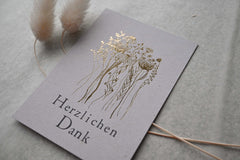 Kleine Karte "Herzlichen Dank" mit Illustration Blumen Gold