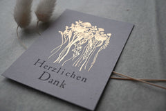 Kleine Karte "Herzlichen Dank" mit Illustration Blumen Gold
