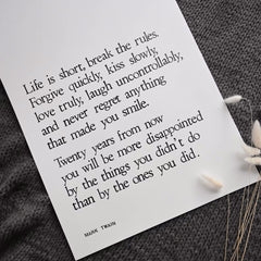 Kunstdruck gestempelt " Life is short", Zitat Mark Twain