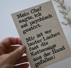 Postkarte "Kettensäge" gestempelter Spruch