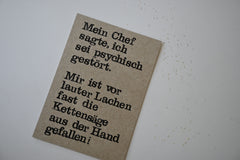 Postkarte "Kettensäge" gestempelter Spruch