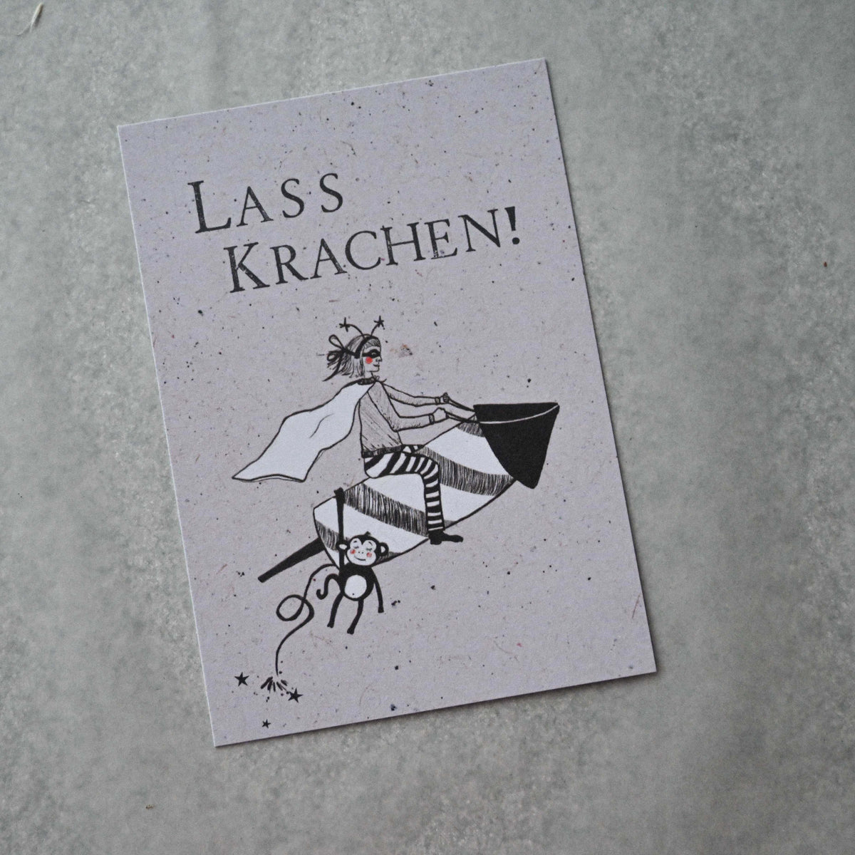 Kleine Karte "Lass Krachen" mit Illustration Rakete