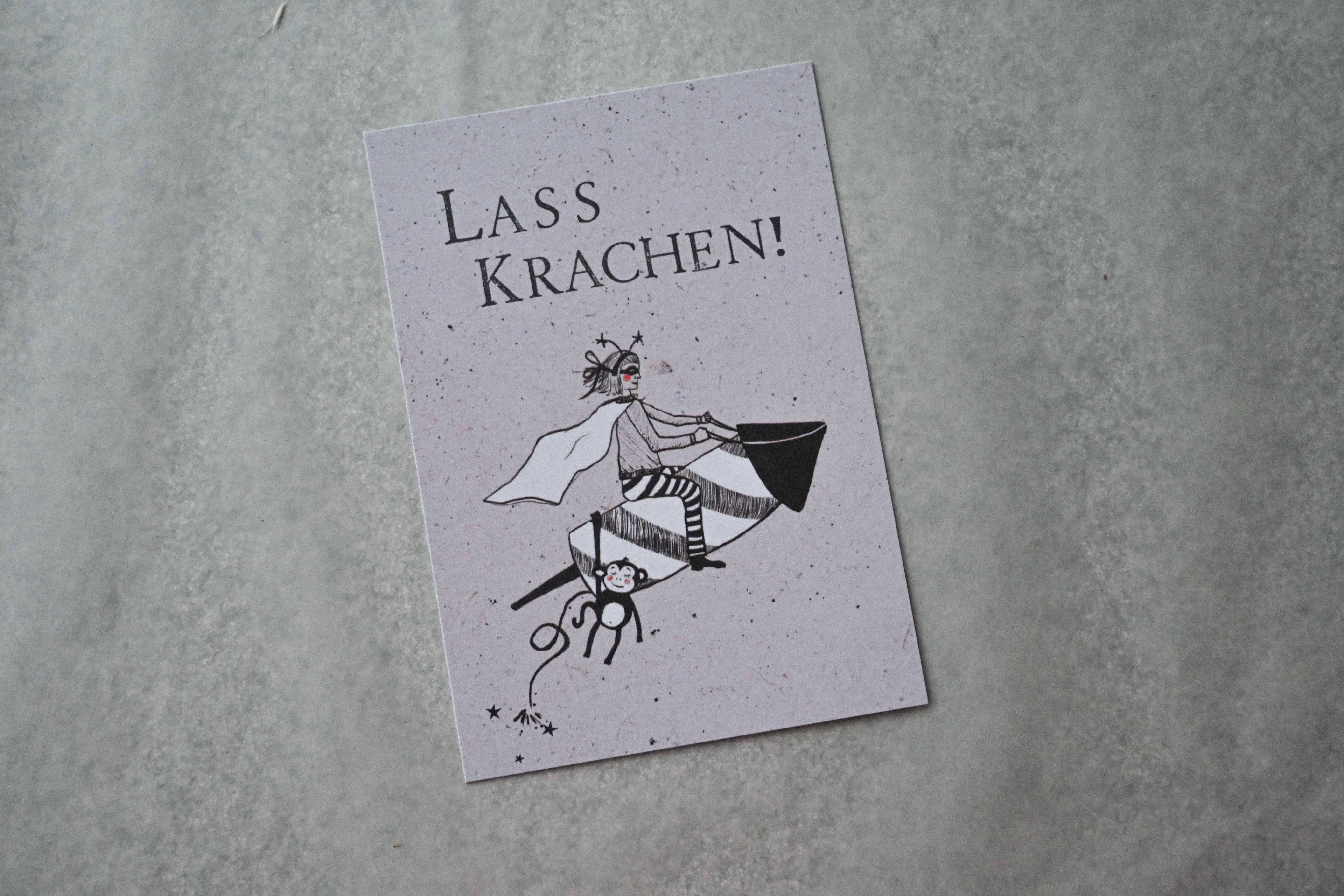 Kleine Karte "Lass Krachen" mit Illustration Rakete