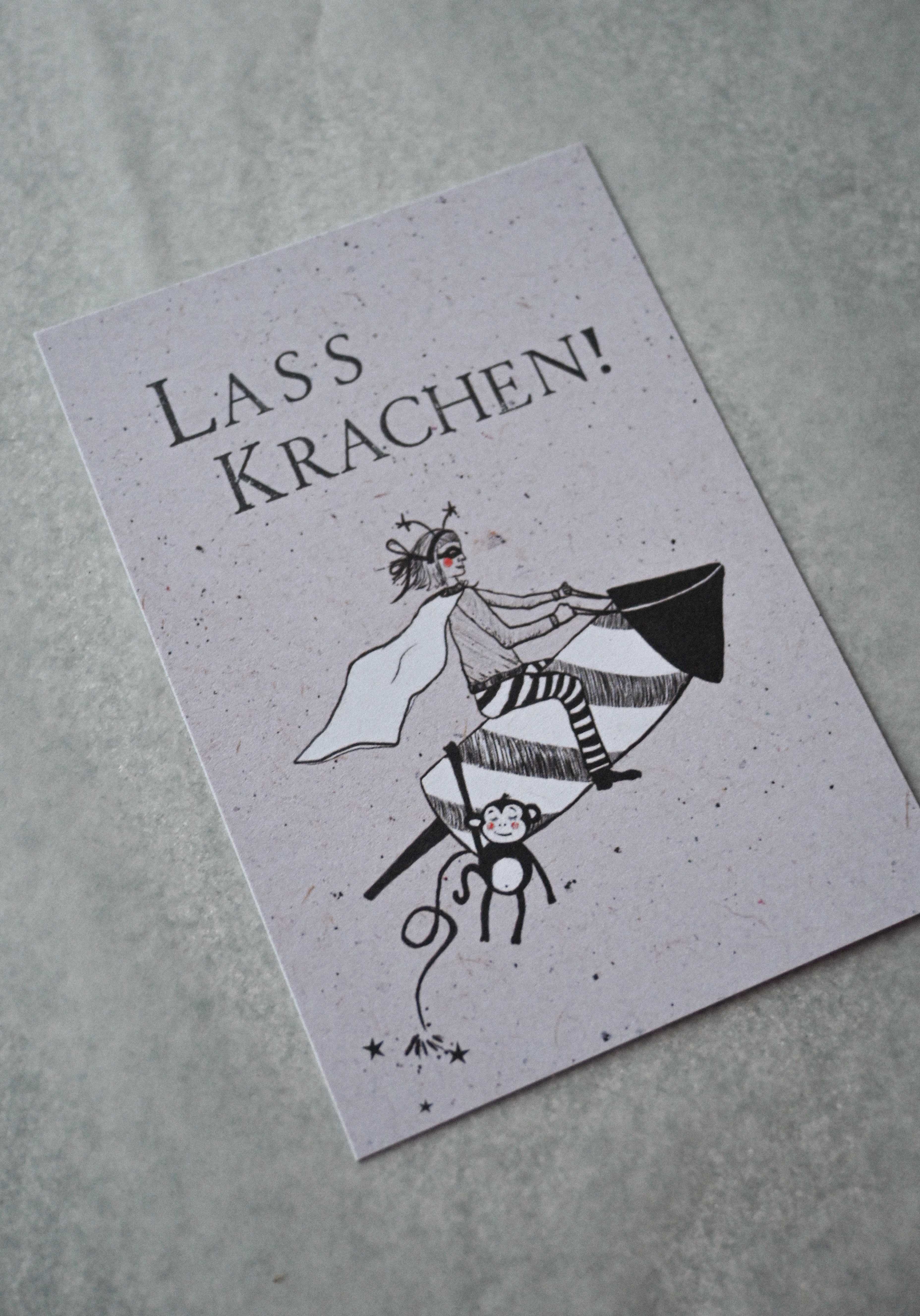 Kleine Karte "Lass Krachen" mit Illustration Rakete