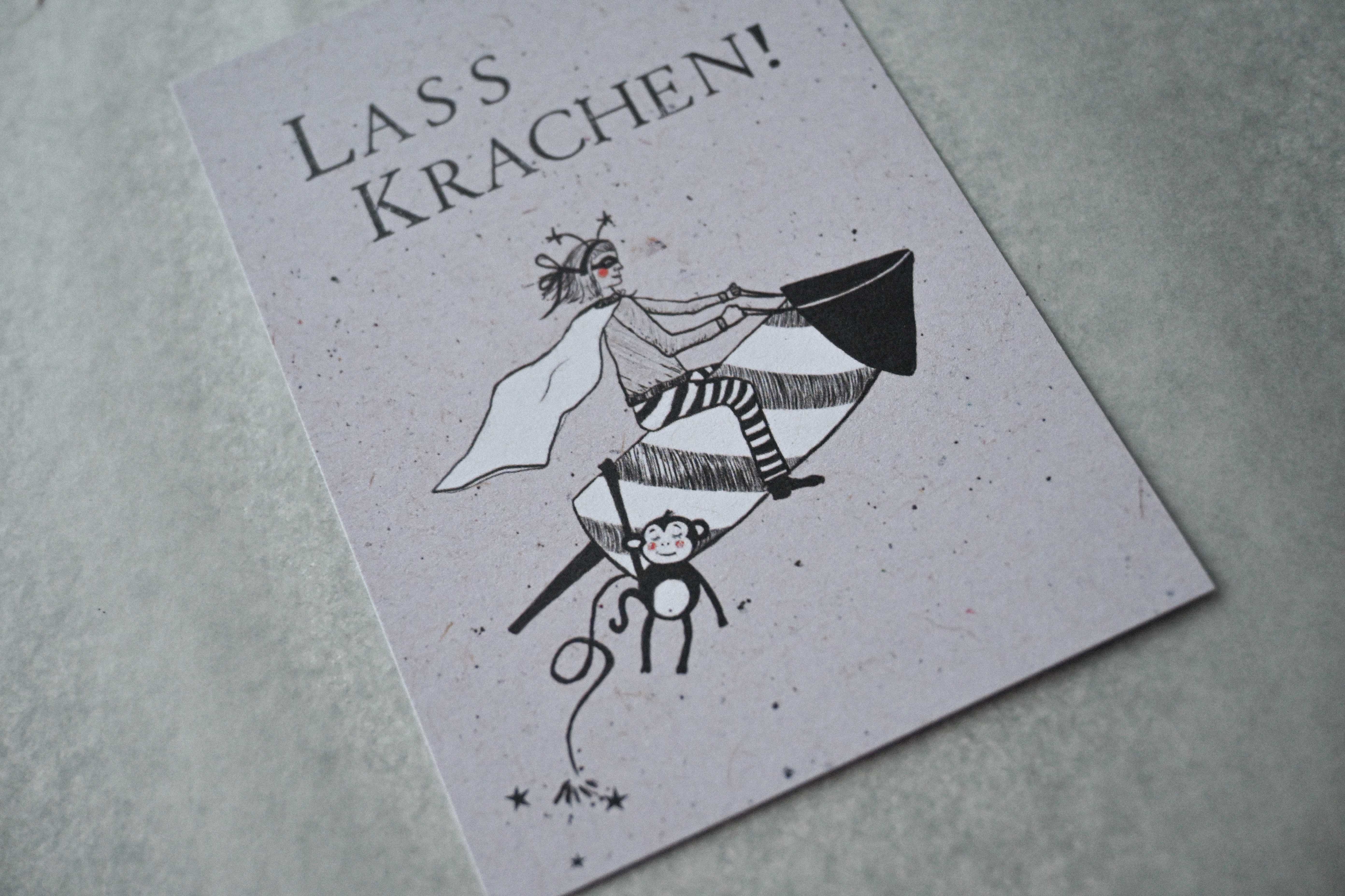 Kleine Karte "Lass Krachen" mit Illustration Rakete