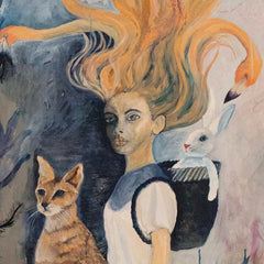 Kunstdruck Ölbild Mädchen mit Katze und Hase im Gepäck