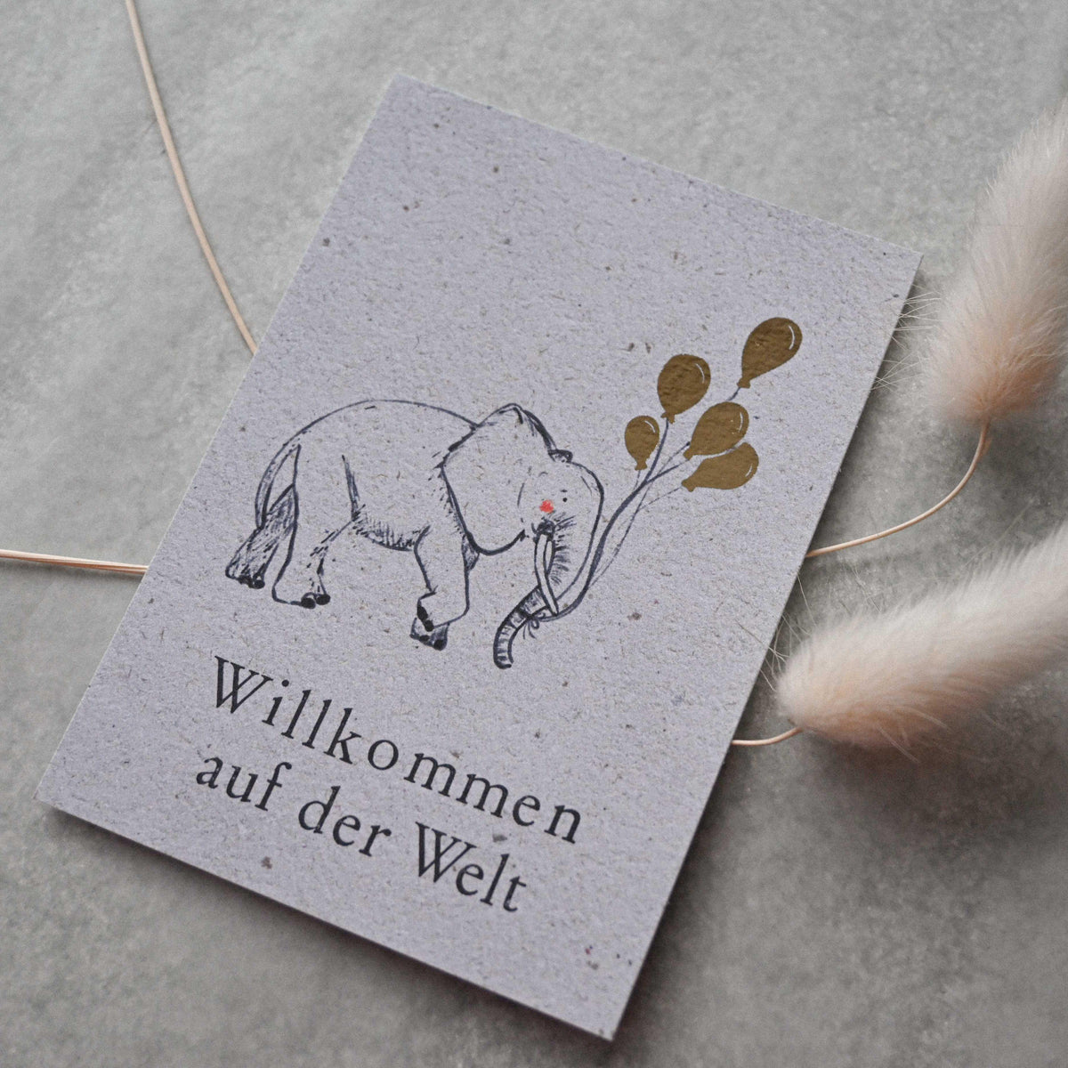 Kleine Karte "Willkommen" mit Illustration Elefant Gold