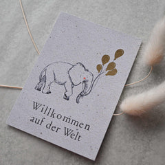 Kleine Karte "Willkommen" mit Illustration Elefant Gold