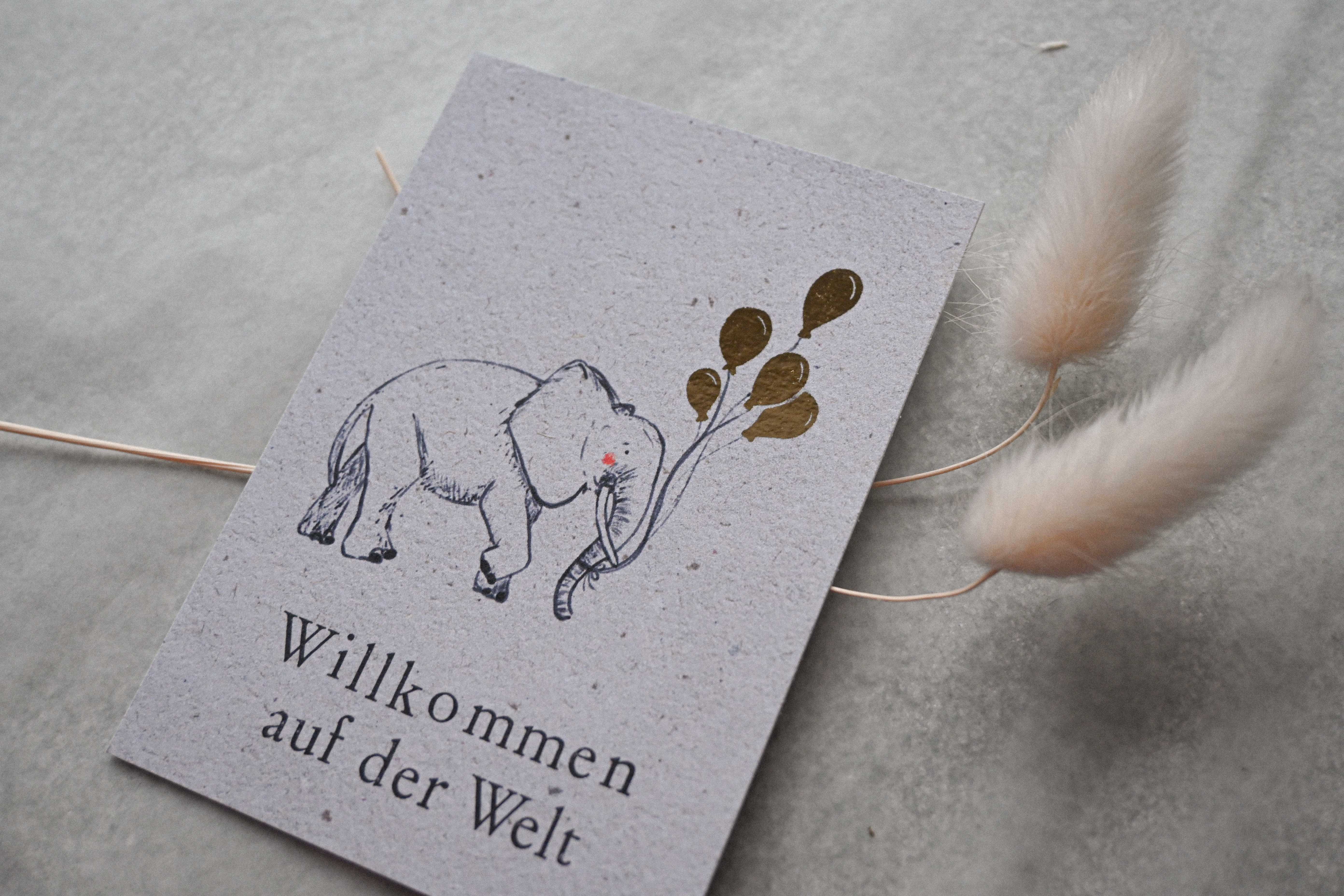 Kleine Karte "Willkommen" mit Illustration Elefant Gold