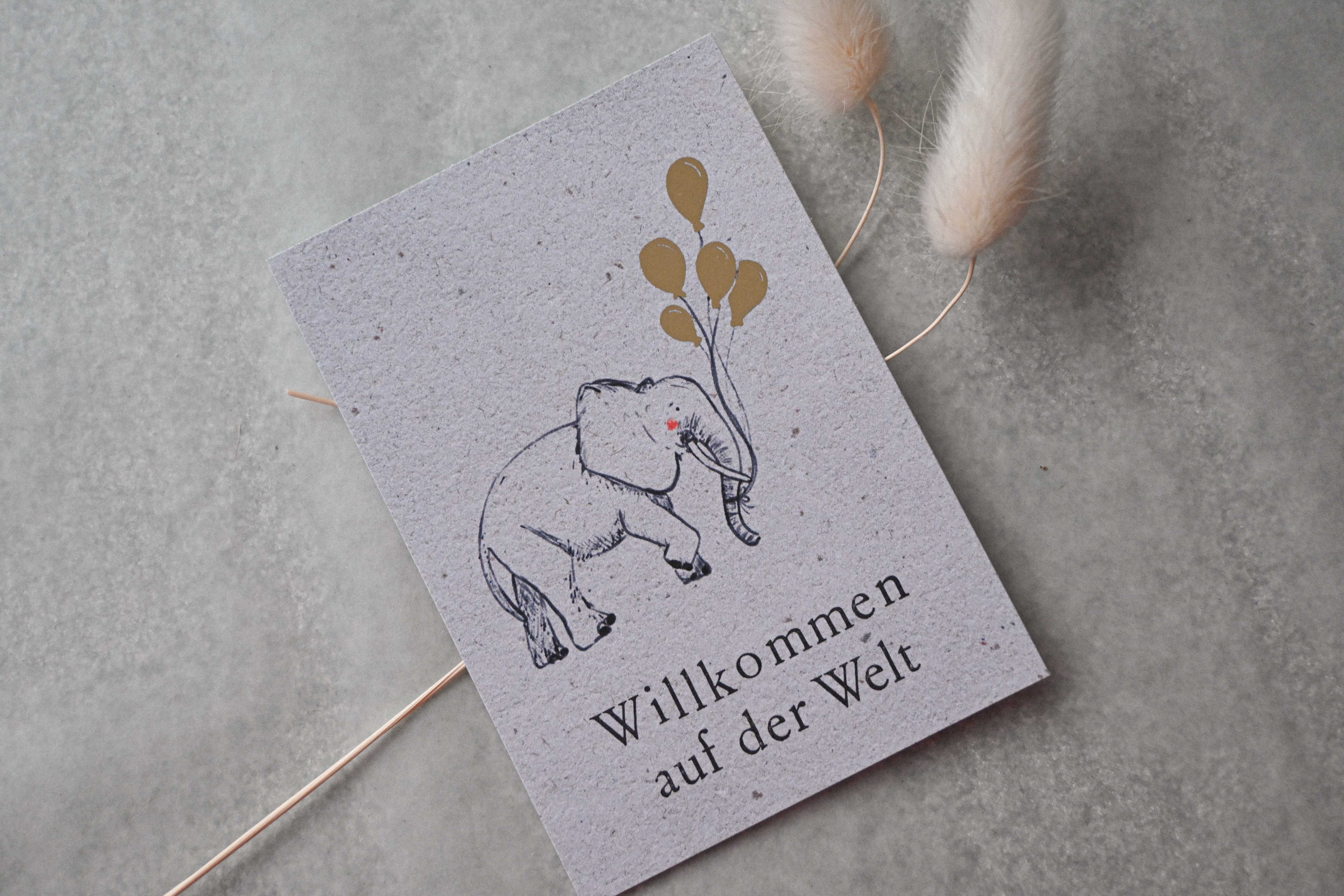 Kleine Karte "Willkommen" mit Illustration Elefant Gold