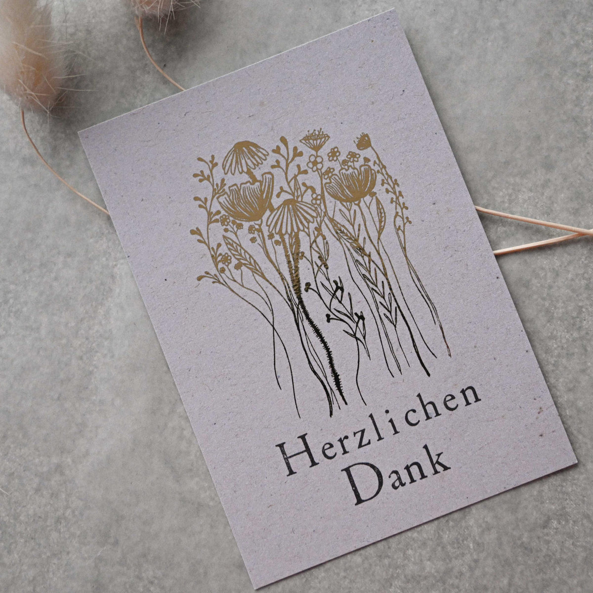 Kleine Karte "Herzlichen Dank" mit Illustration Blumen Gold 