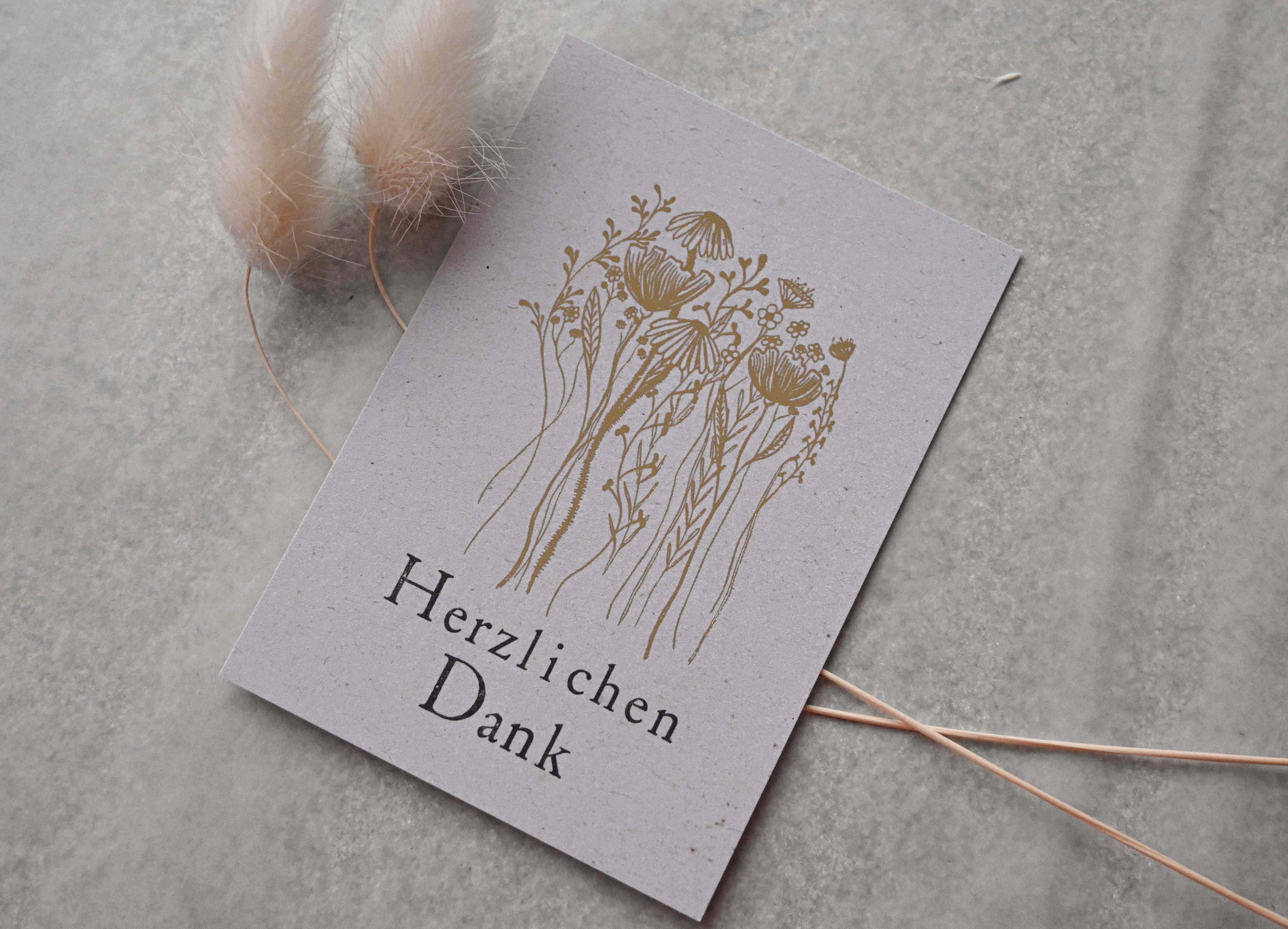 Kleine Karte "Herzlichen Dank" mit Illustration Blumen Gold 