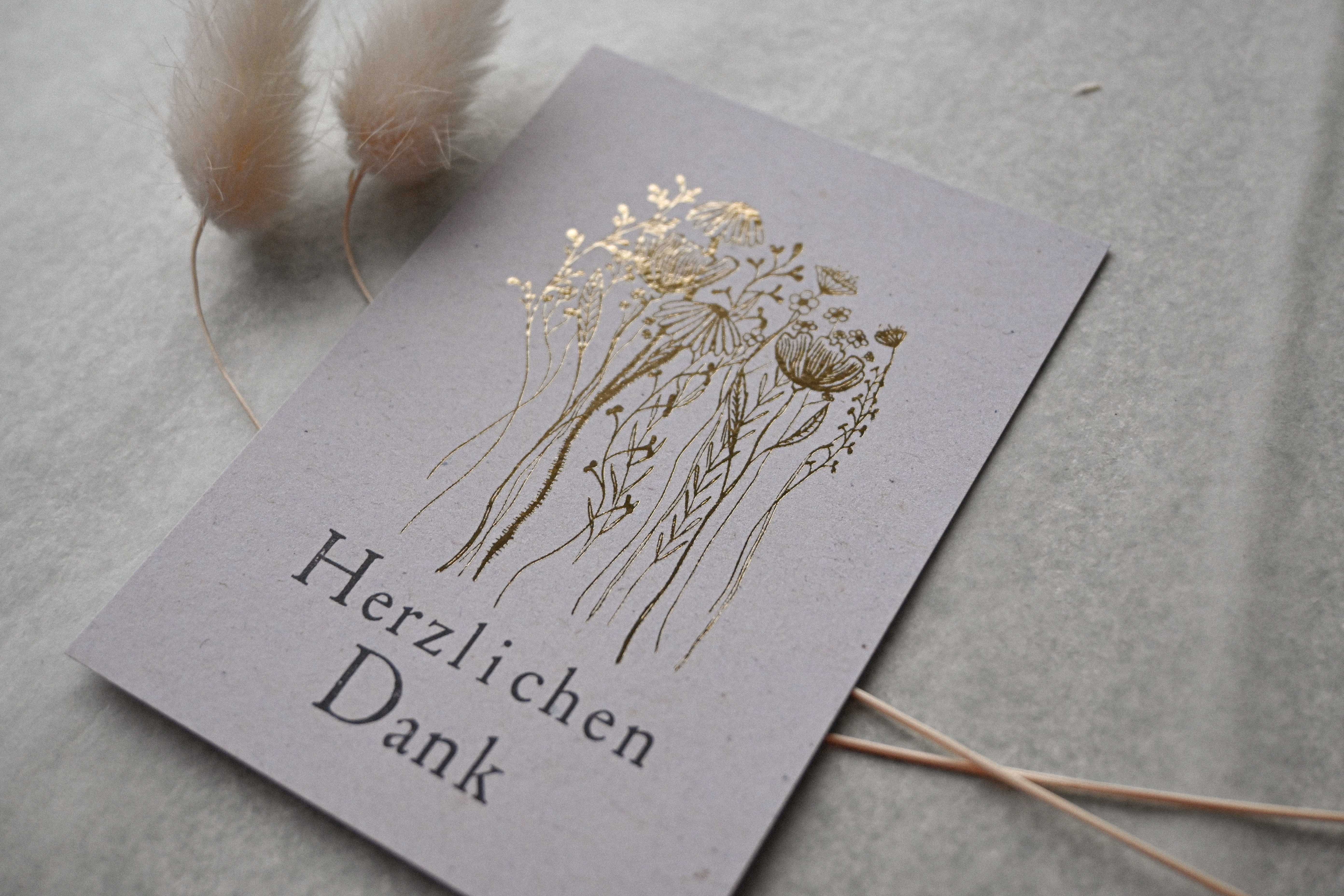 Kleine Karte "Herzlichen Dank" mit Illustration Blumen Gold 