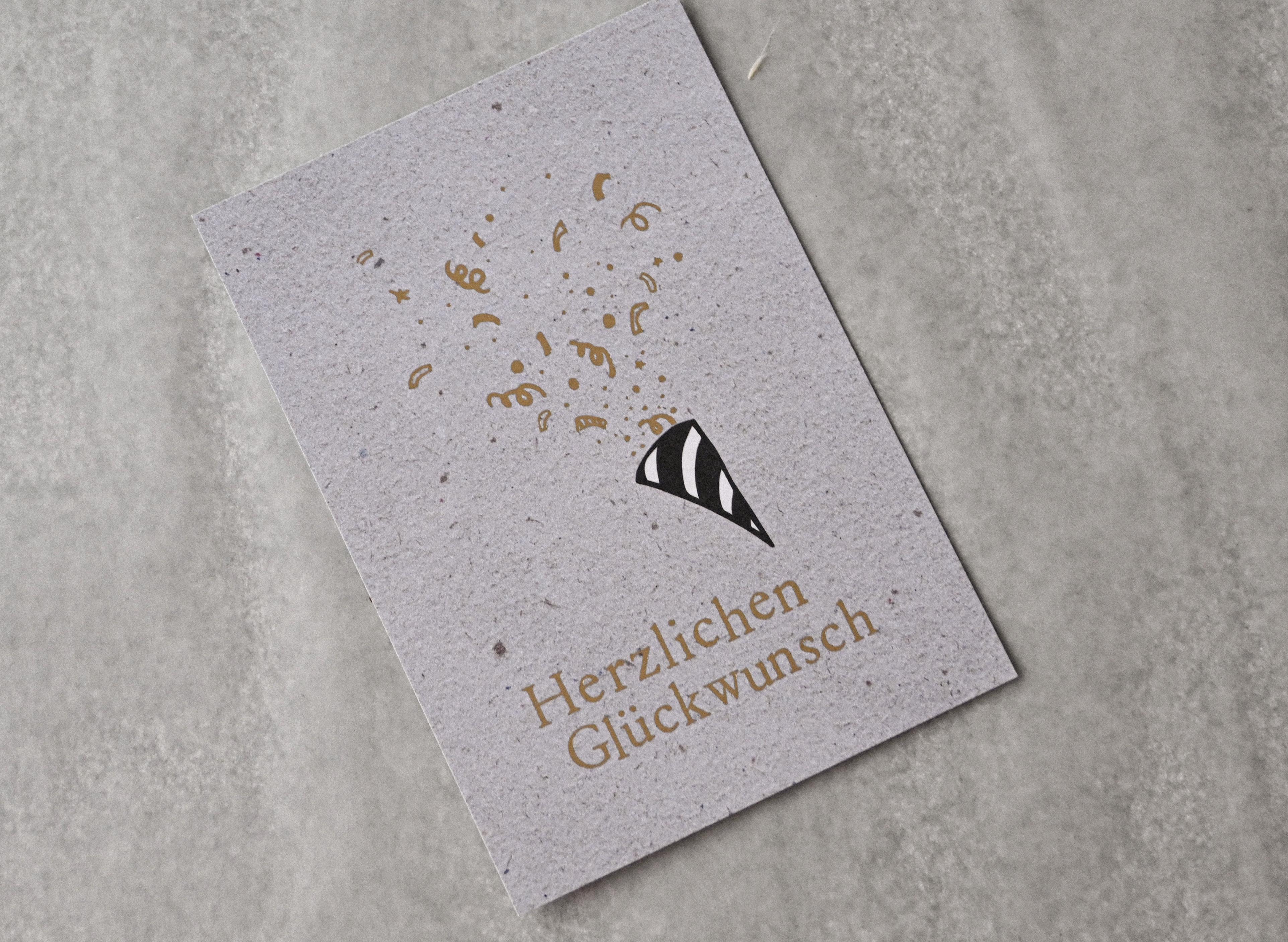 Kleine Karte "Herzlichen Glückwunsch" mit Luftschlangen Gold