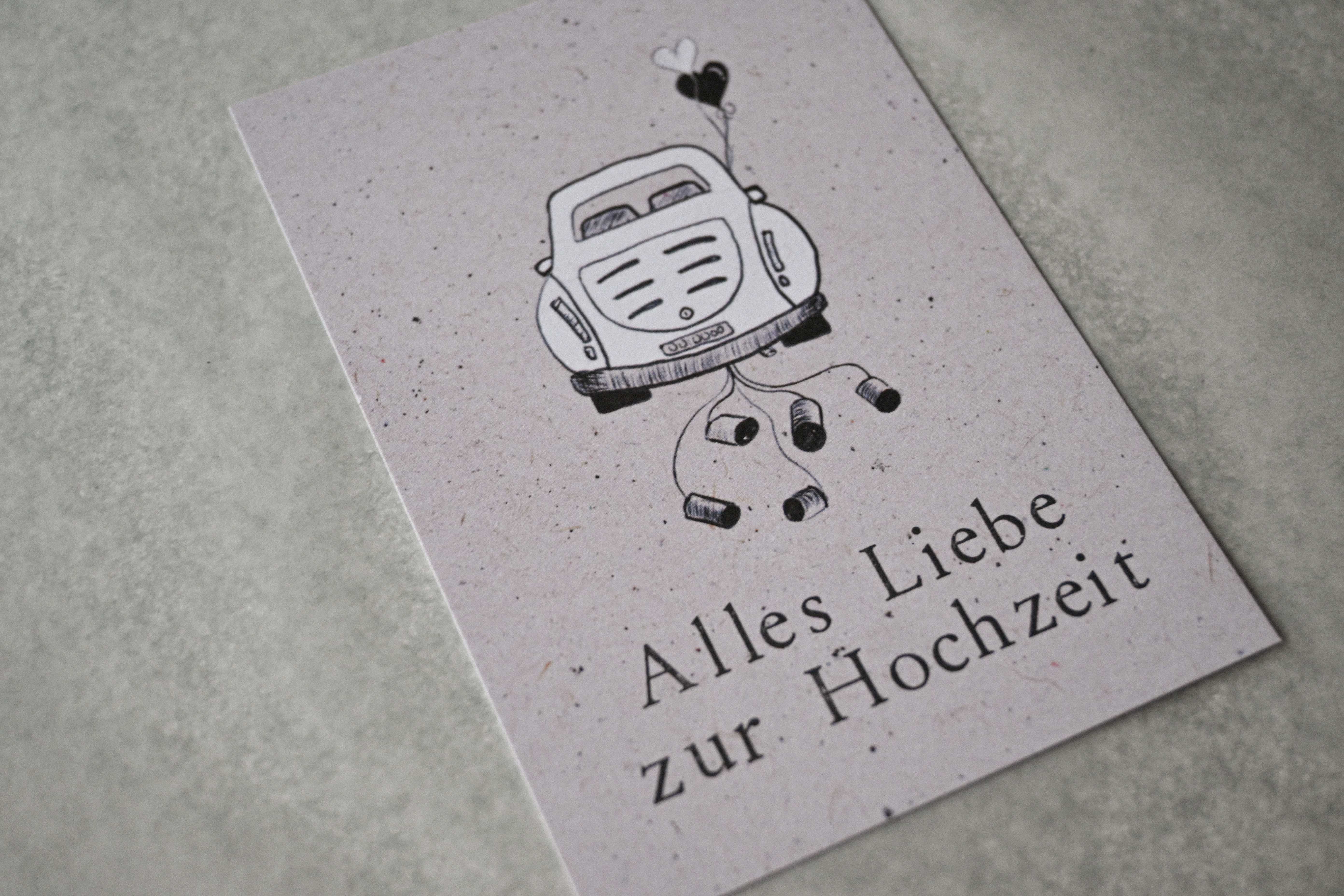 Kleine Karte "Alles Liebe Hochzeit " mit Illustration Auto