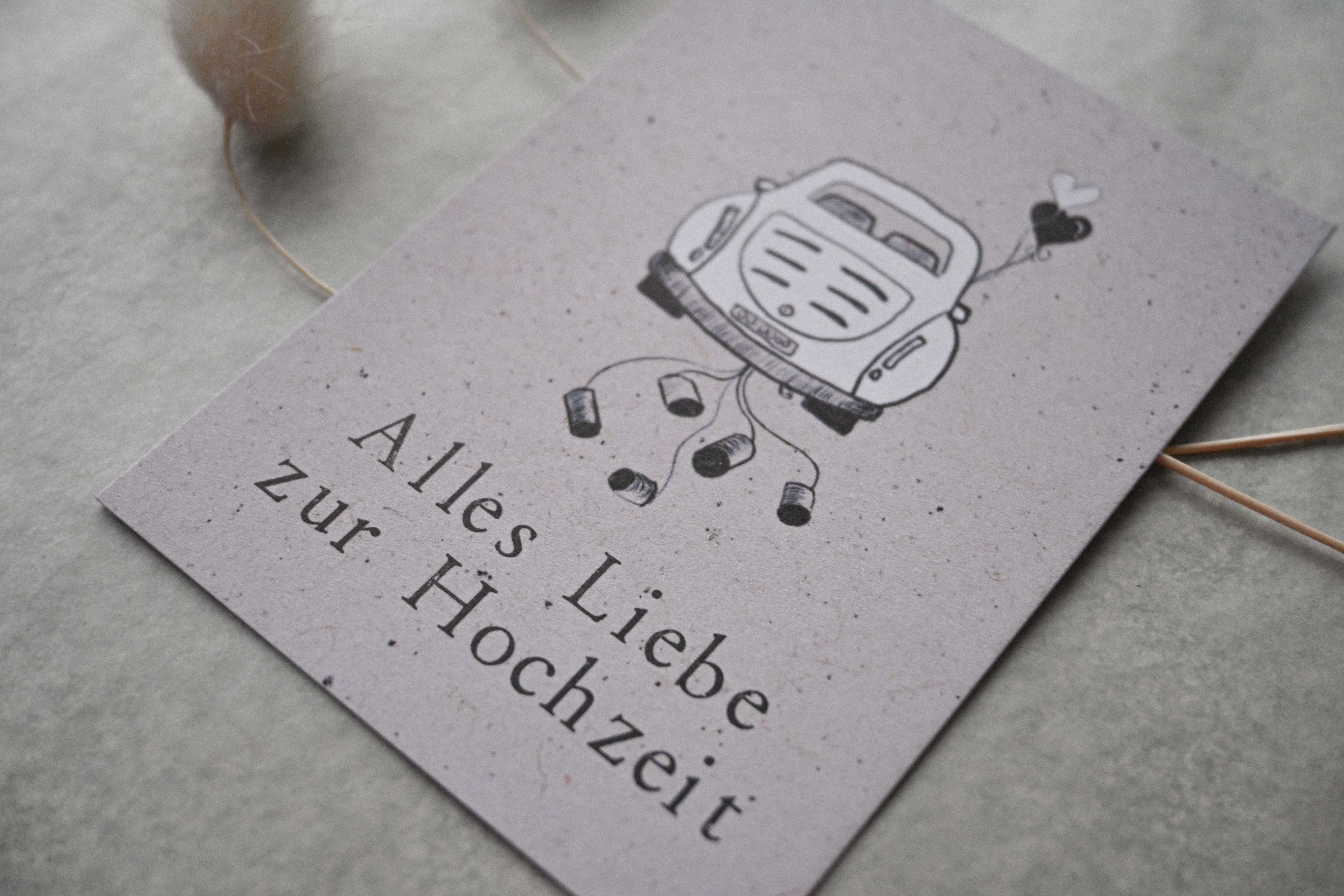 Kleine Karte "Alles Liebe Hochzeit " mit Illustration Auto