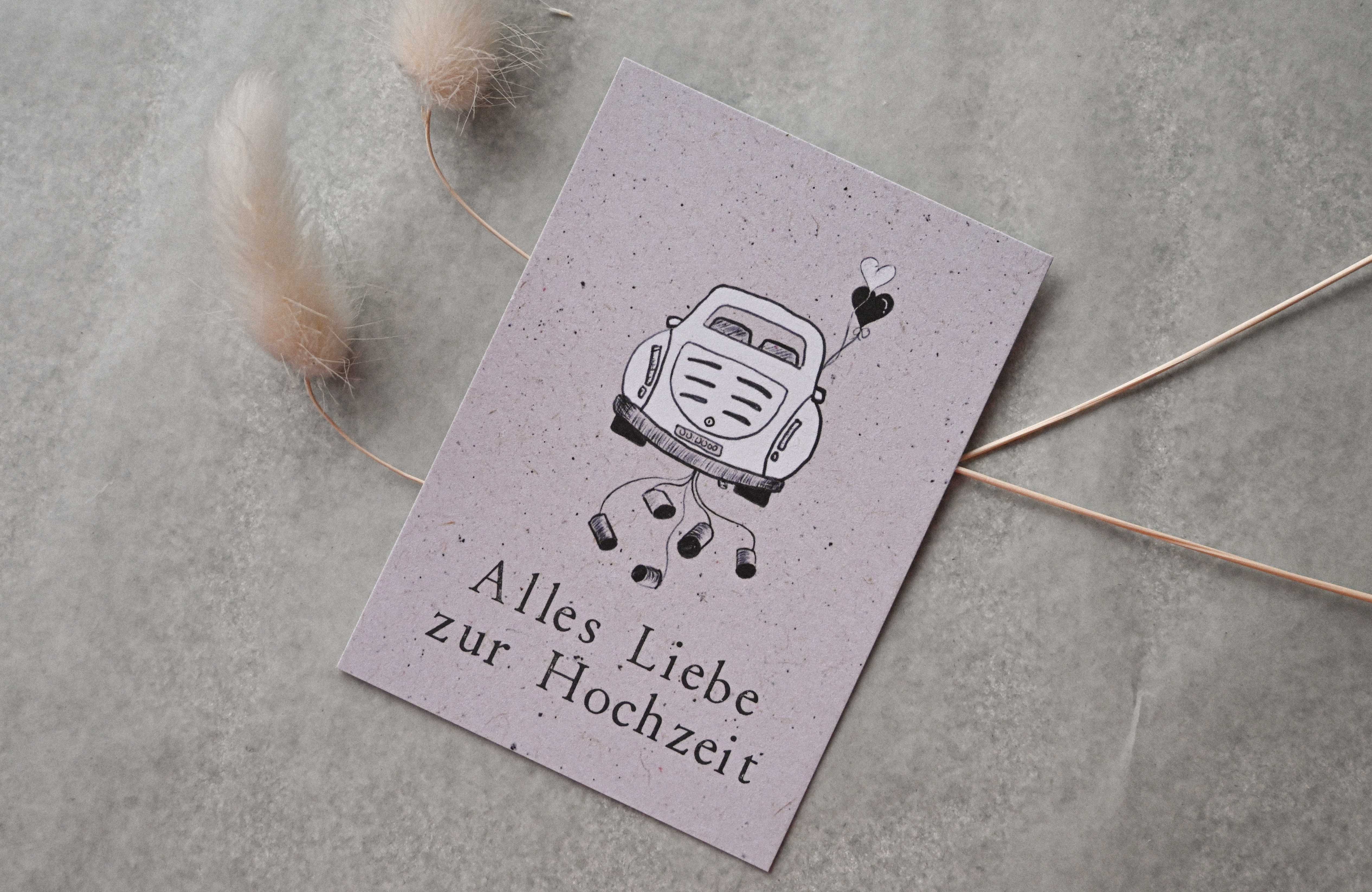 Kleine Karte "Alles Liebe Hochzeit " mit Illustration Auto