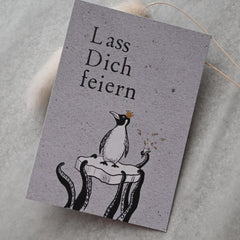 Kleine Karte "Lass dich feiern" mit Pinguin-Scholle Gold